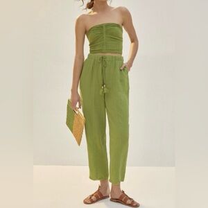 Anthropologie Gauzy Lounge Pants Crop Top Set Cotton Soft Leaf Green Size Medium